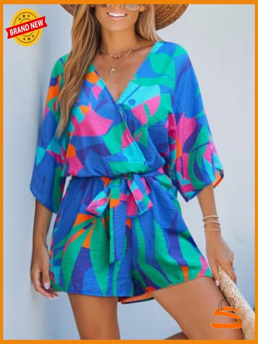 Boho Floral Romper Short Sleeve V Neck Tie Waist Summer Jumpsuit - Picture 5 of 6